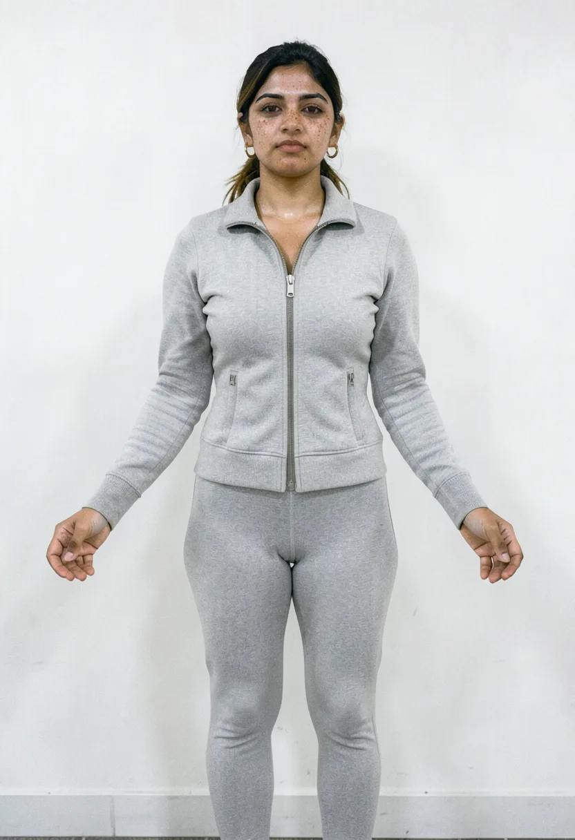 Zoya, front view, grey zip jacket and leggings